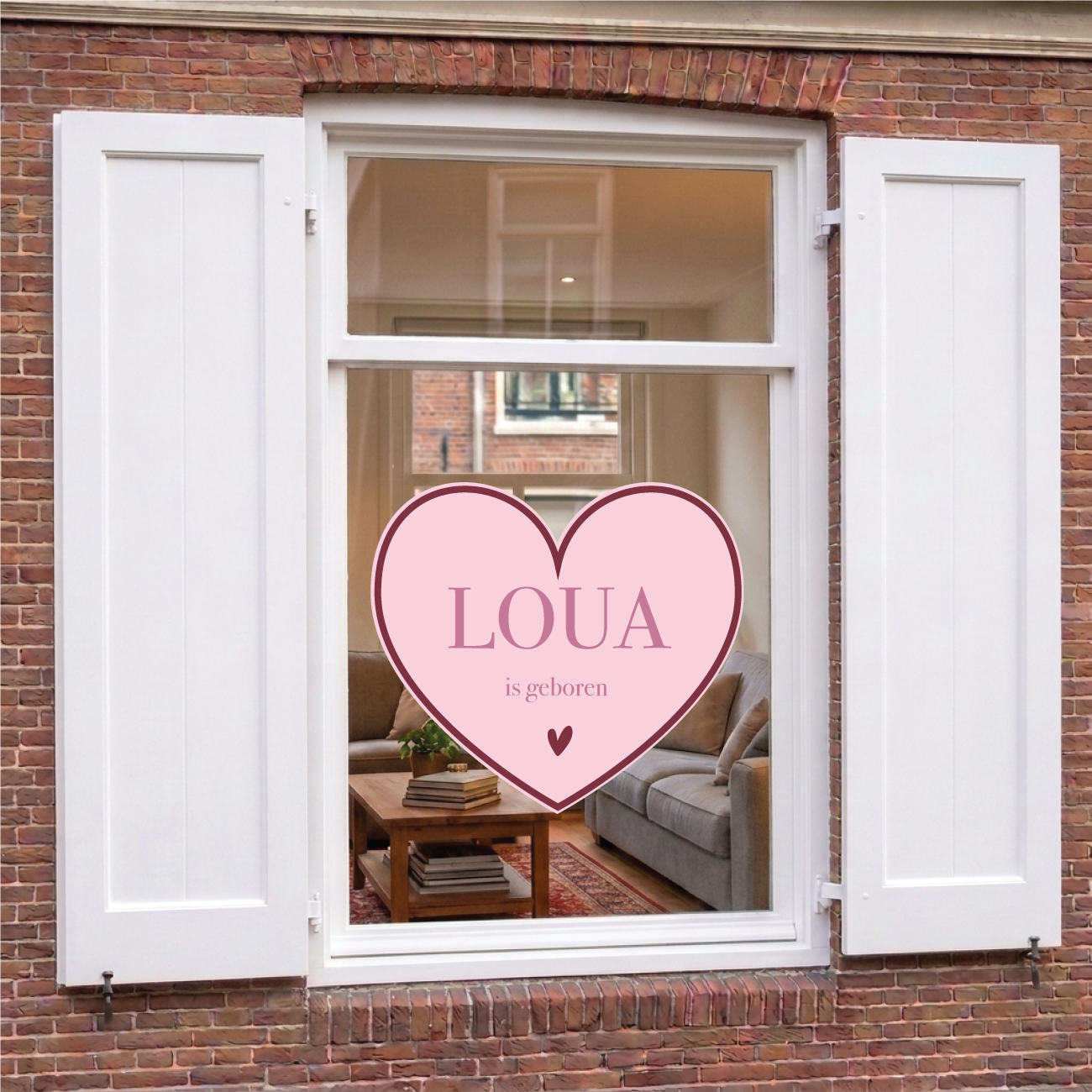 Geboorte raamsticker met naam Pink Heart, hartvormige roze sticker met tekst is geboren, gepersonaliseerd