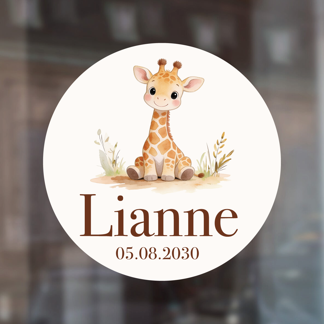 Geboorte raamsticker met naam Girafje, ronde statische raamsticker met leeuwtje, gepersonaliseerd