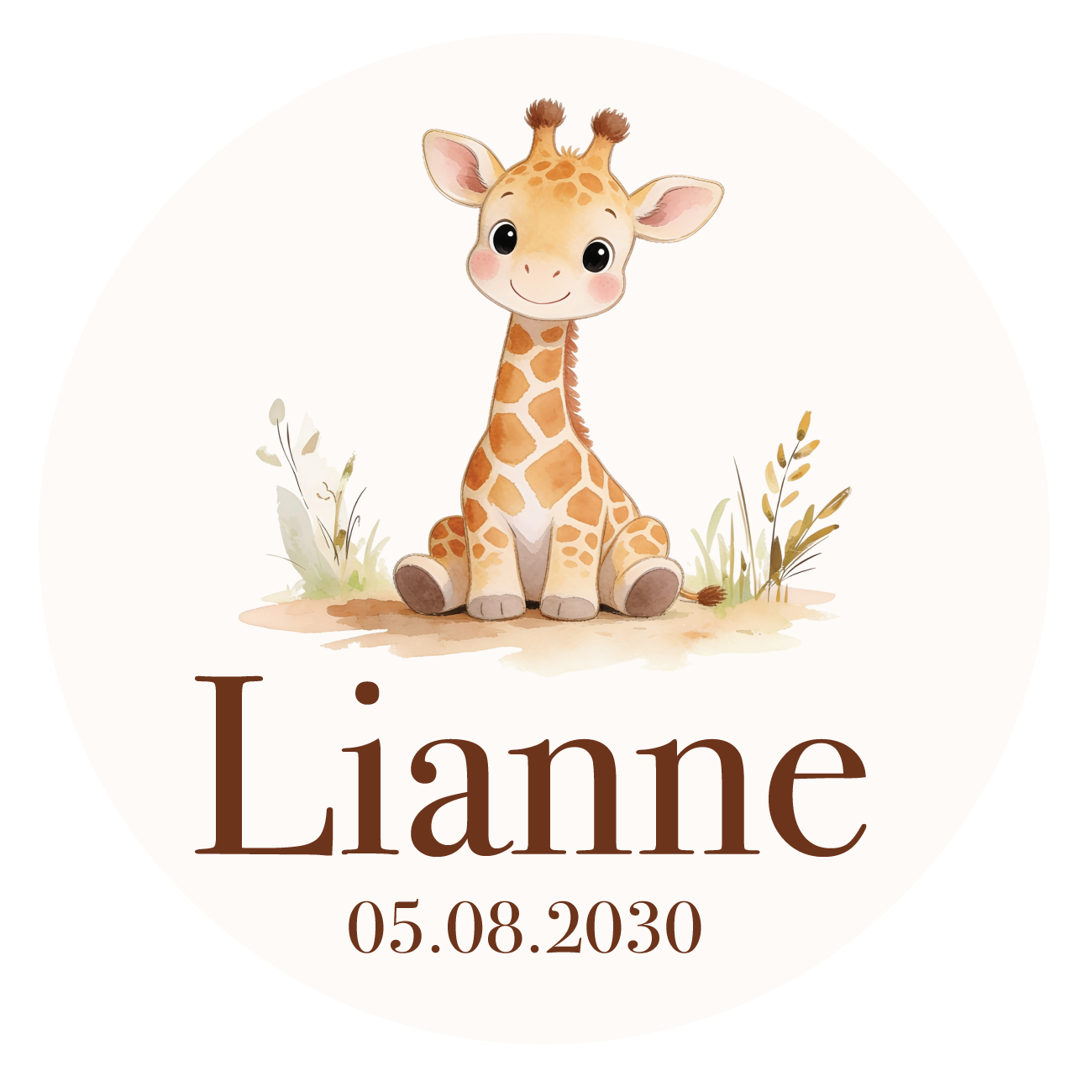 Geboorte raamsticker met naam Girafje, ronde statische raamsticker met leeuwtje, gepersonaliseerd