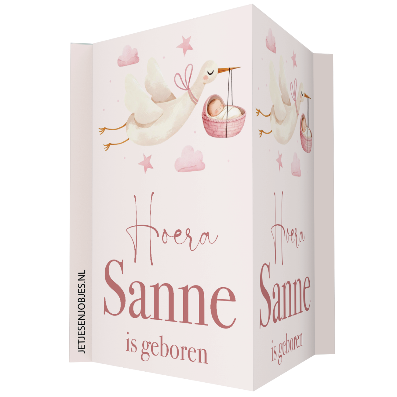 Geboortebord met naam Ooievaar roze, dubbelzijdig geboorte raambord met ooievaar en baby, gepersonaliseerd