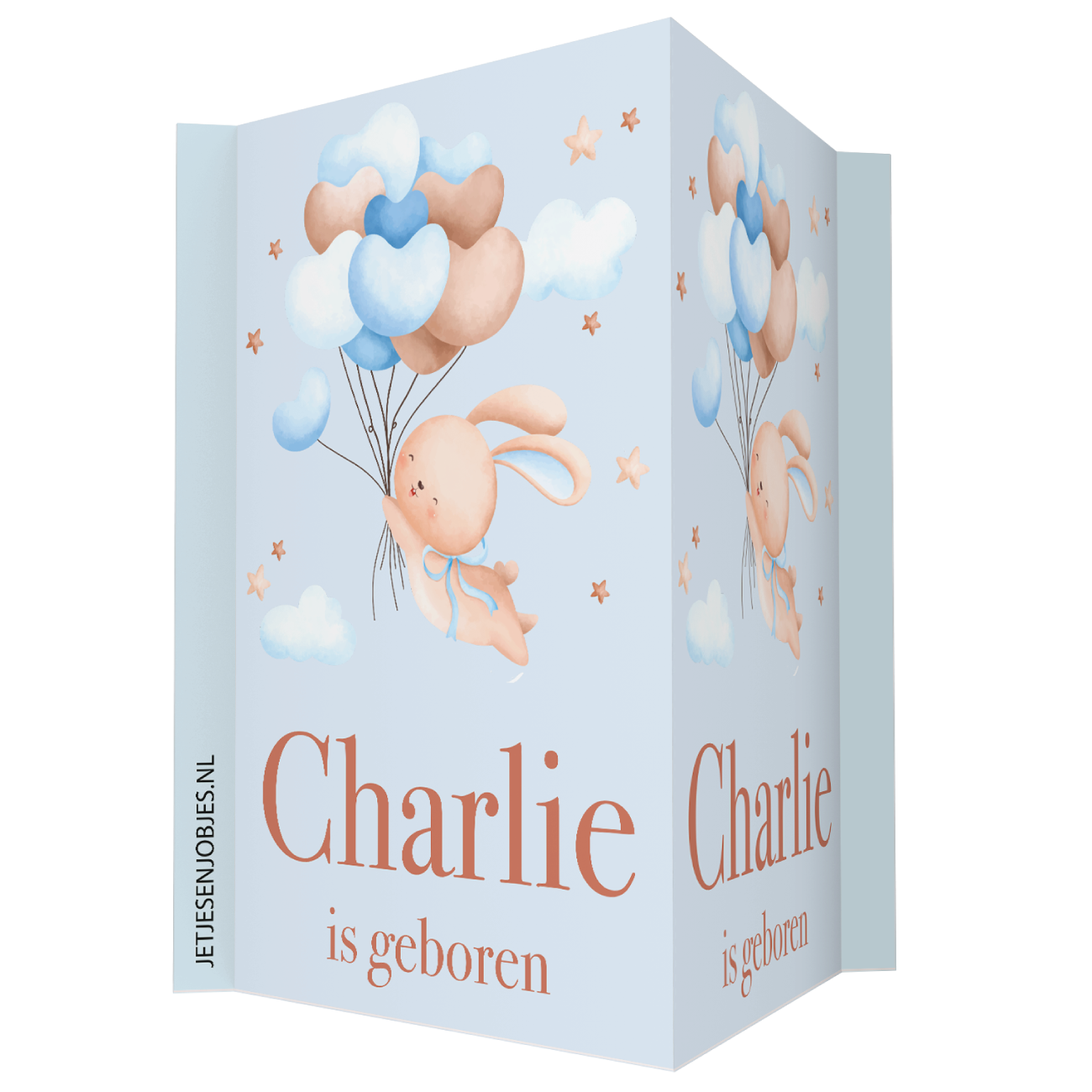 Geboortebord met naam Konijntje met ballonnen blauw, dubbelzijdig geboorte raambord, gepersonaliseerd