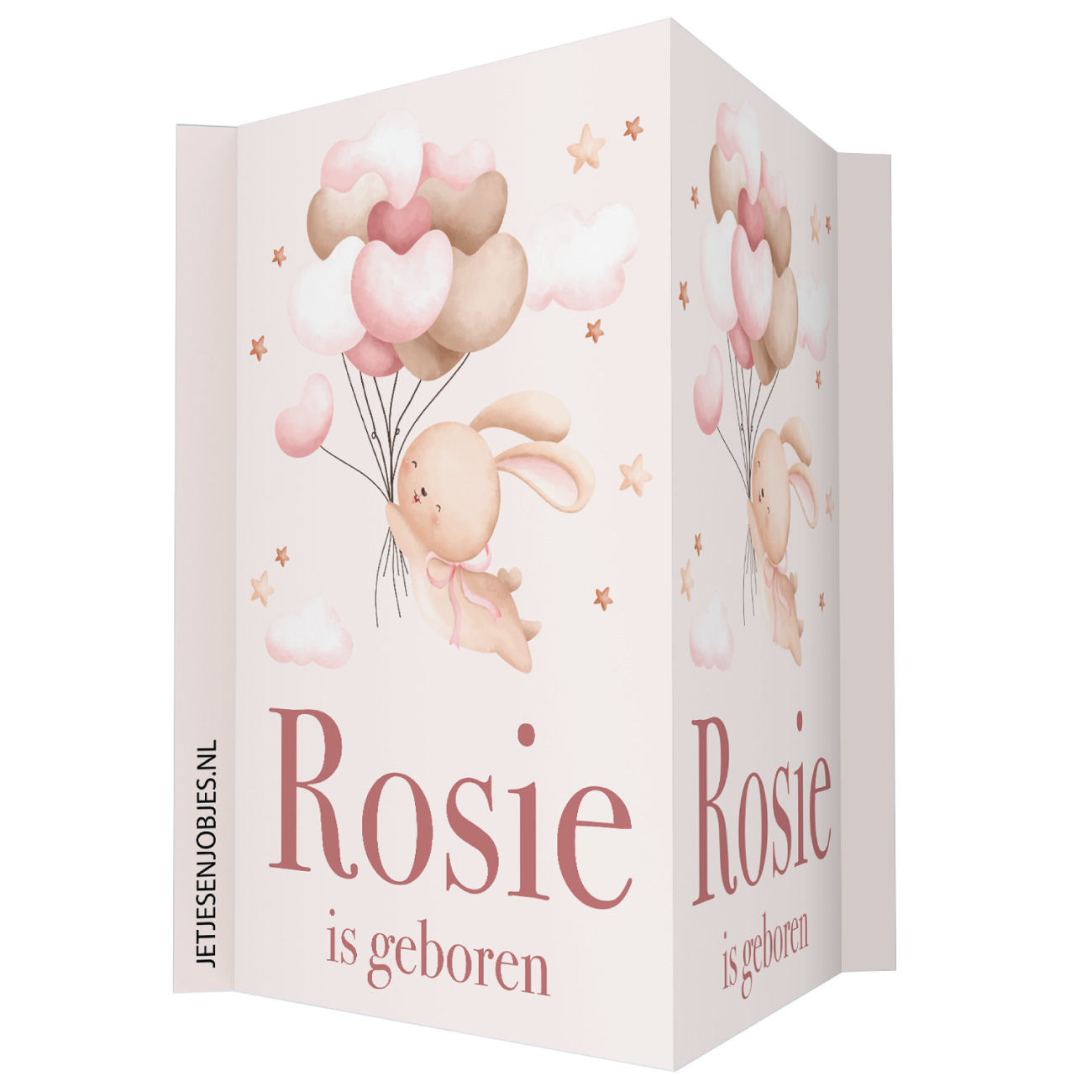 Geboortebord met naam Konijntje met ballonnen roze, dubbelzijdig geboorte raambord, gepersonaliseerd