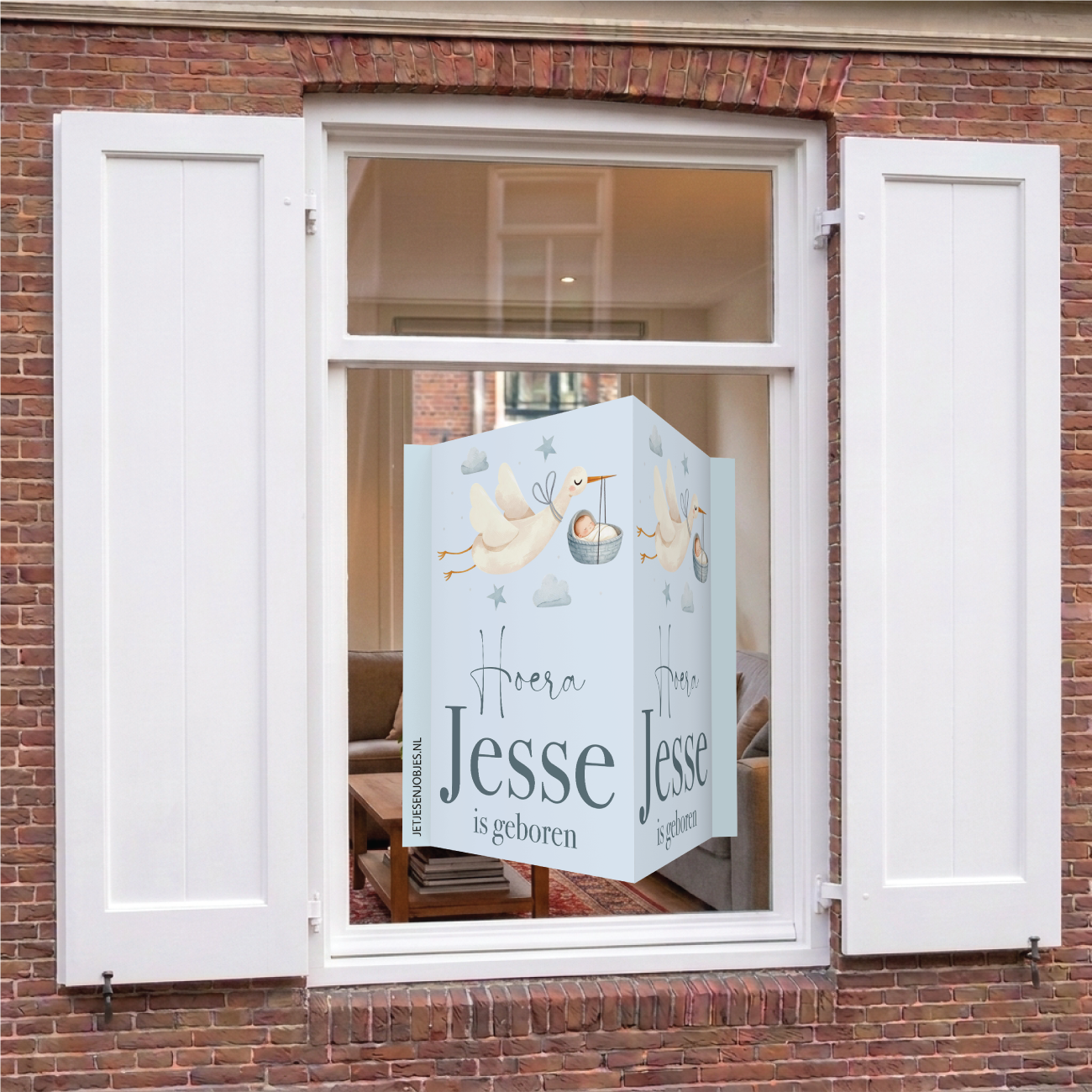 Geboortebord met naam Ooievaar blauw, dubbelzijdig geboorte raambord met ooievaar en baby, gepersonaliseerd