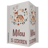 Geboortebord met naam Hertje met konijntje, dubbelzijdig geboorte raambord met bosdieren, gepersonaliseerd