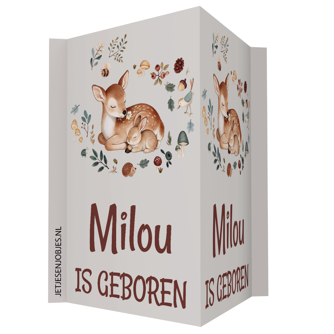 Geboortebord met naam Hertje met konijntje, dubbelzijdig geboorte raambord met bosdieren, gepersonaliseerd