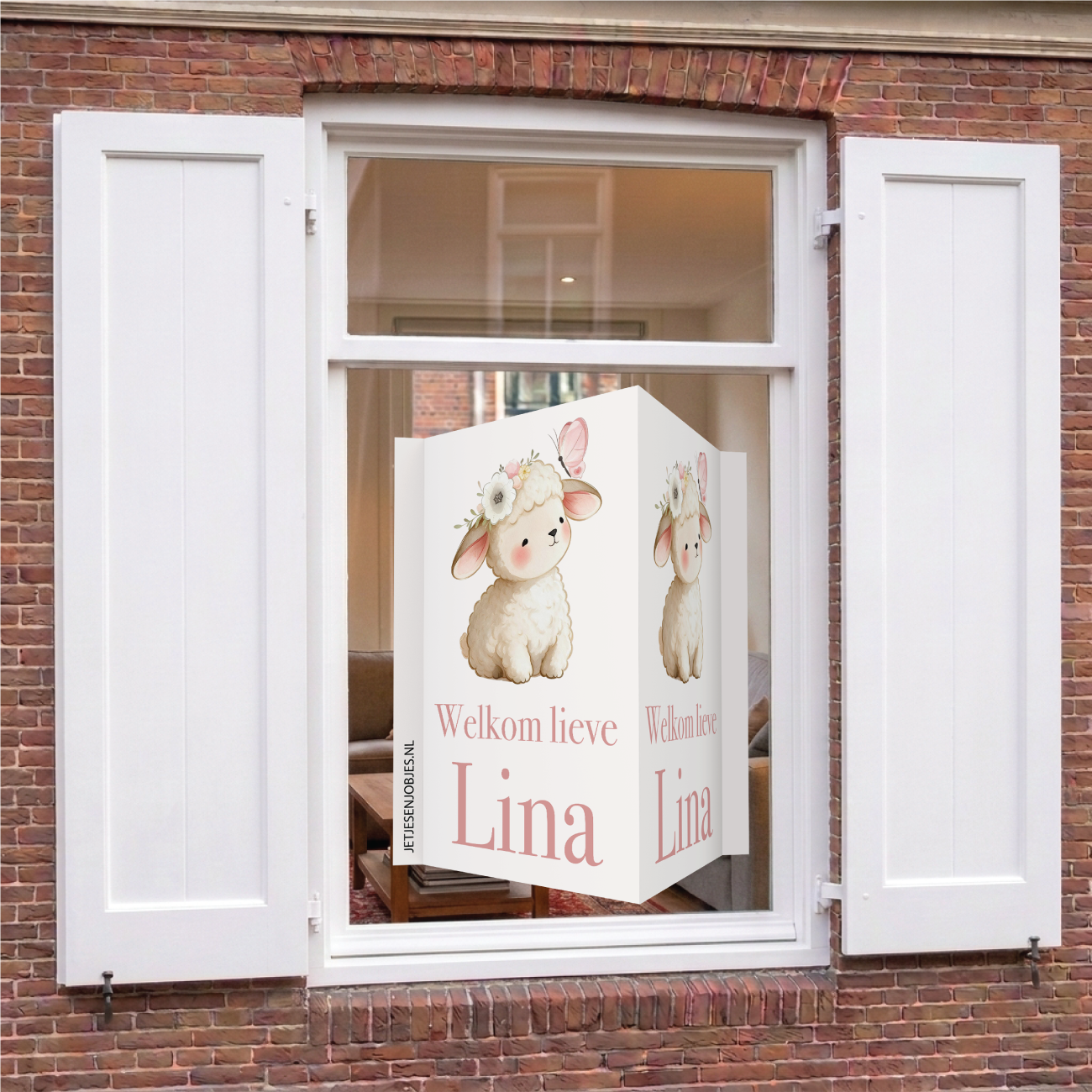Geboortebord met naam Lammetje, dubbelzijdig geboorte raambord met schaapje, gepersonaliseerd