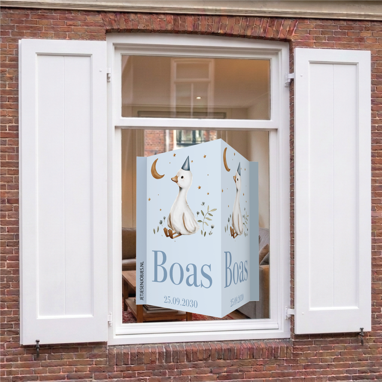 Geboortebord met naam Gansje blauw, dubbelzijdig geboorte raambord met gans en feesthoedje, gepersonaliseerd