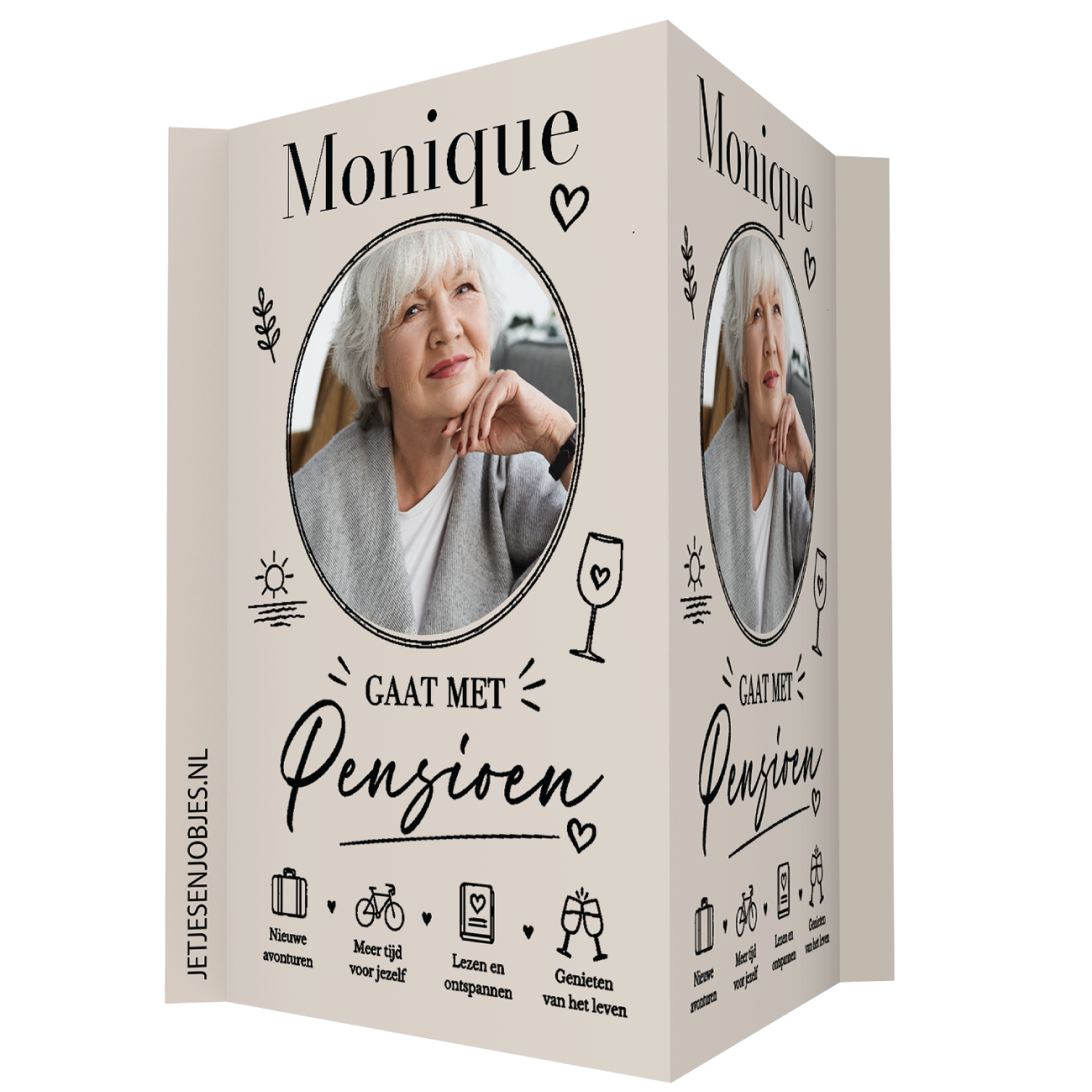 Raambord gaat met pensioen voor een vrouw, gepersonaliseerd met naam en foto, dubbelzijdig pensioen bord