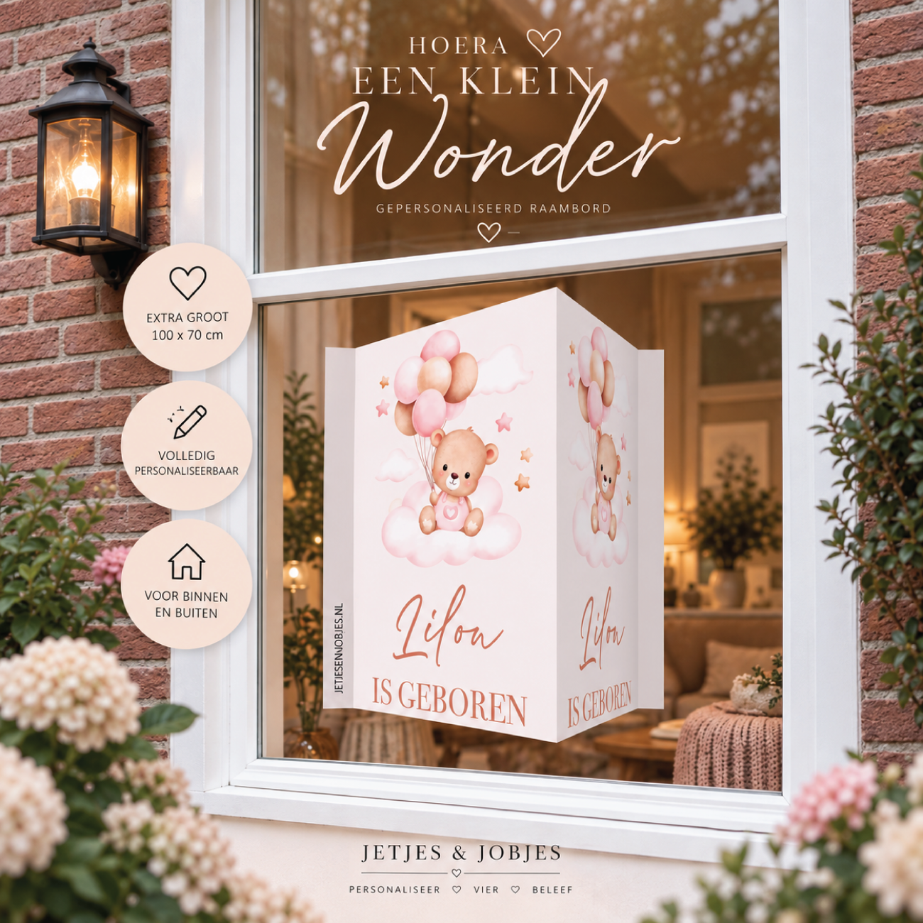 Geboortebord XL beer met ballonnen roze