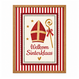Sinterklaas poster Welkom Sinterklaas met naam | Vintage Sinterklaas wanddecoratie | Rood-wit met mijter en staf