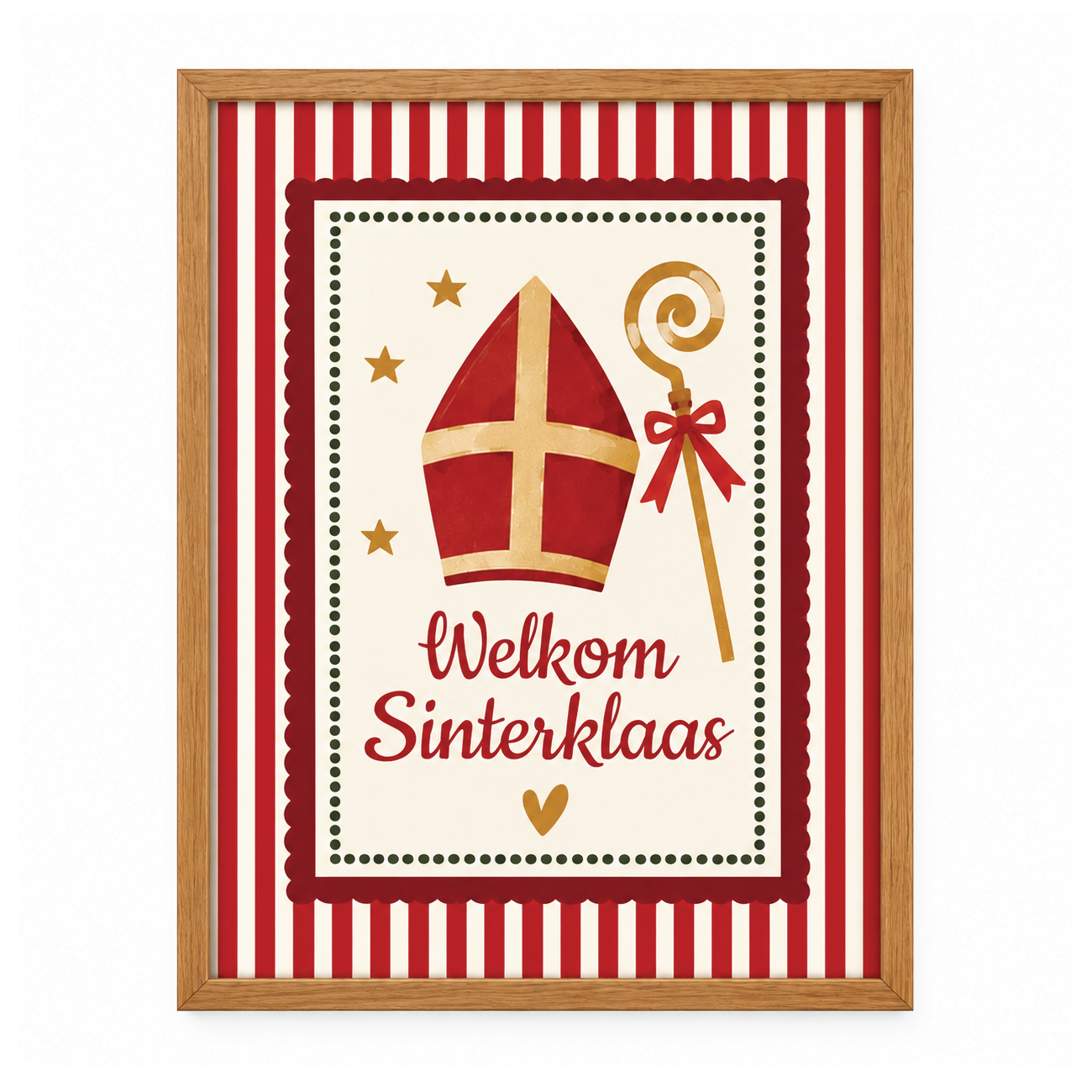 Sinterklaas poster Welkom Sinterklaas met naam | Vintage Sinterklaas wanddecoratie | Rood-wit met mijter en staf