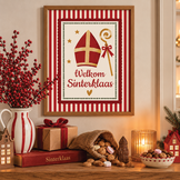 Sinterklaas poster Welkom Sinterklaas met naam | Vintage Sinterklaas wanddecoratie | Rood-wit met mijter en staf