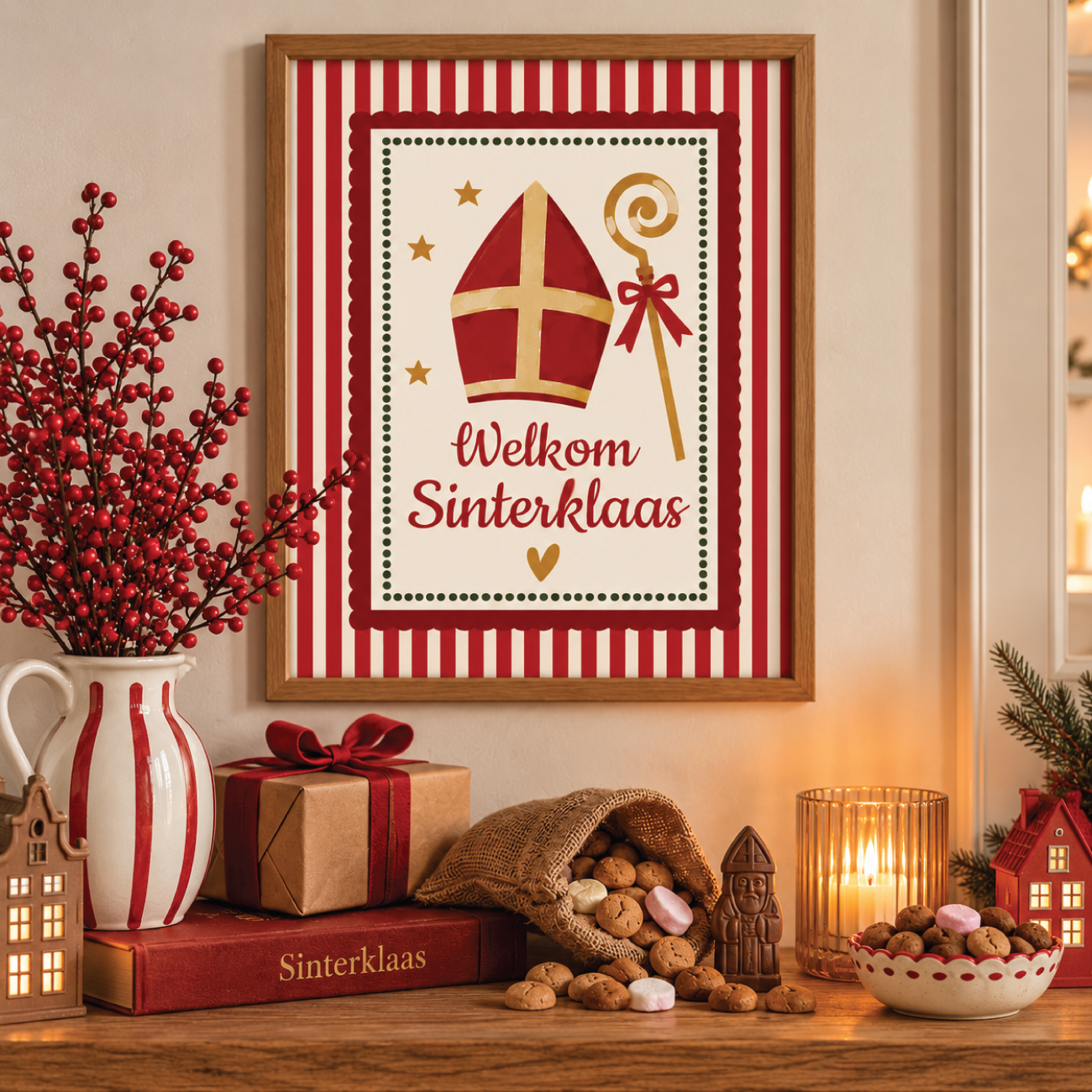 Sinterklaas poster Welkom Sinterklaas met naam | Vintage Sinterklaas wanddecoratie | Rood-wit met mijter en staf