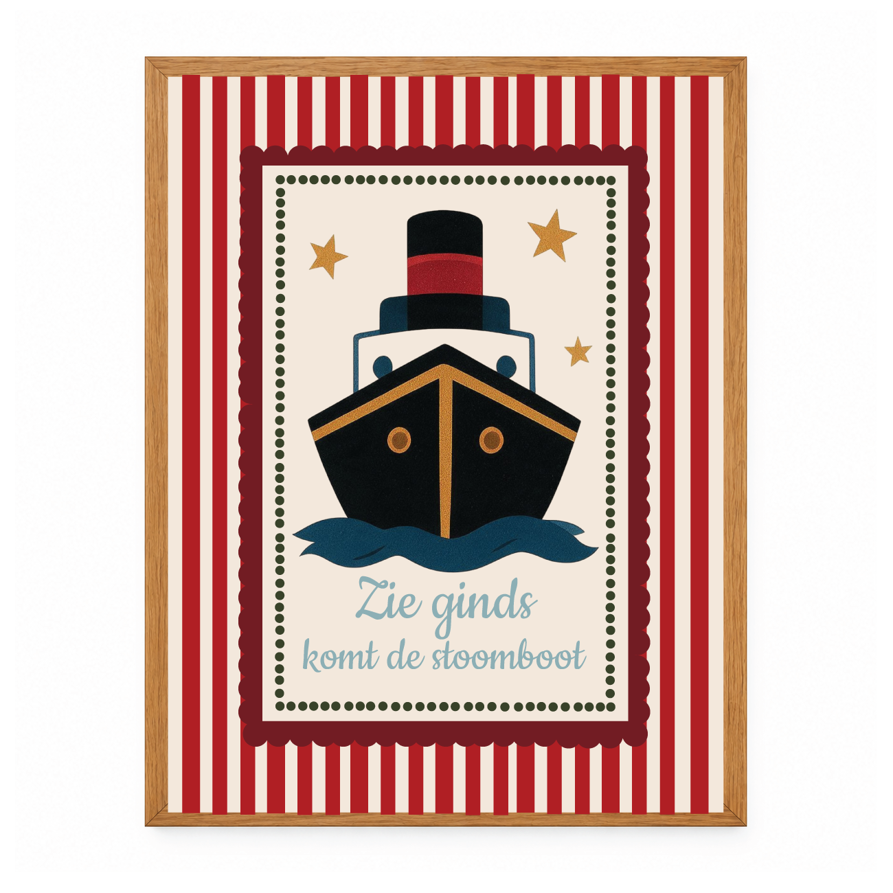 Sinterklaas poster Stoomboot met eigen tekst | Vintage Sinterklaas wanddecoratie | Rood-wit