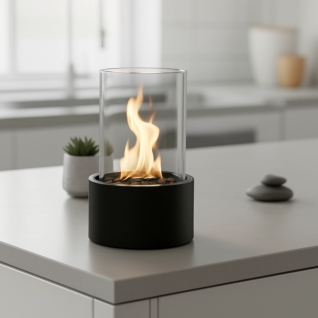 Tafelhaard Rond Zwart, bio-ethanol sfeerhaard van metaal en glas, 18 x 26,5 cm
