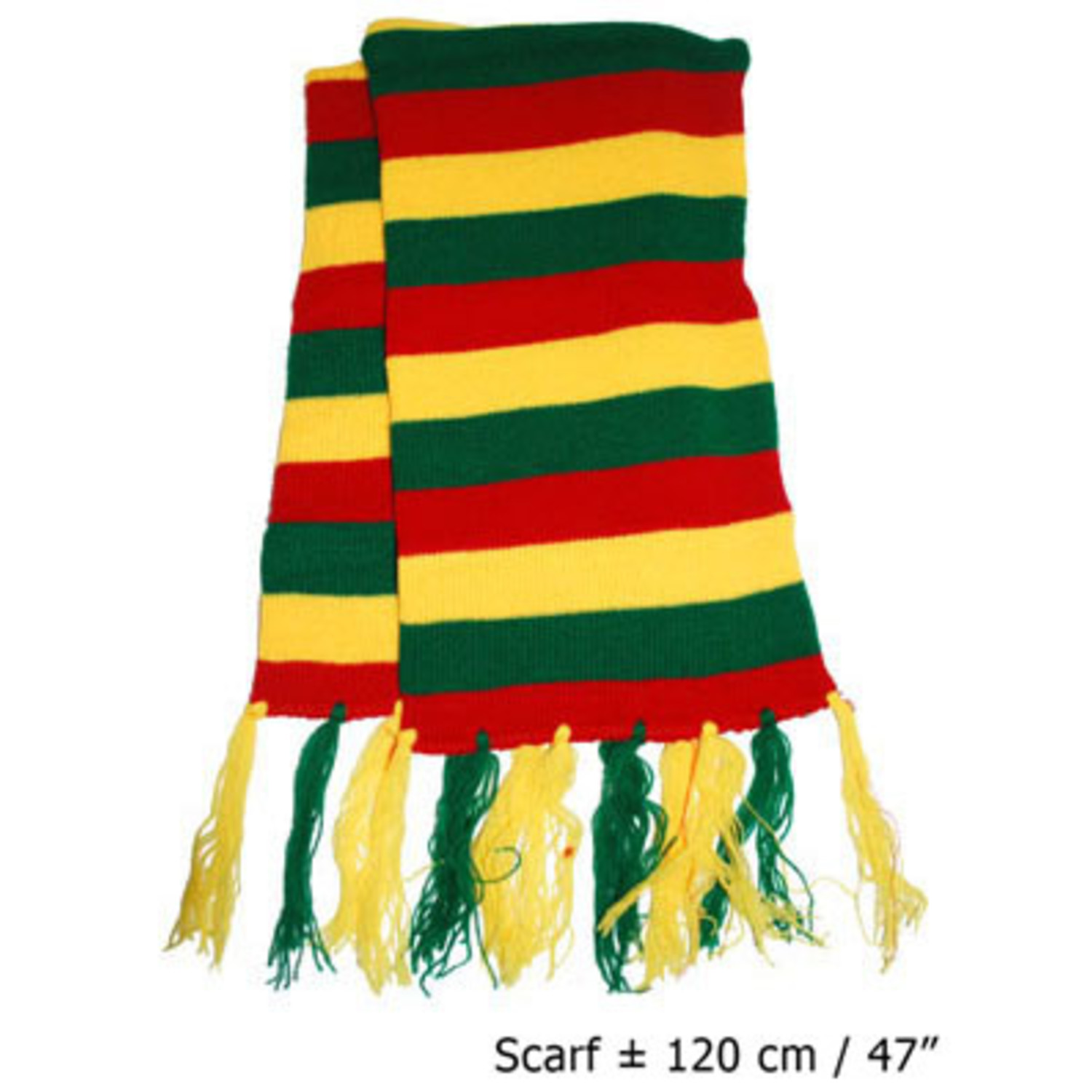 vrek Schijnen Hamburger Sjaal gebreid rood/geel/groen, 120cm, 2ass - Vekemans Feestwinkel