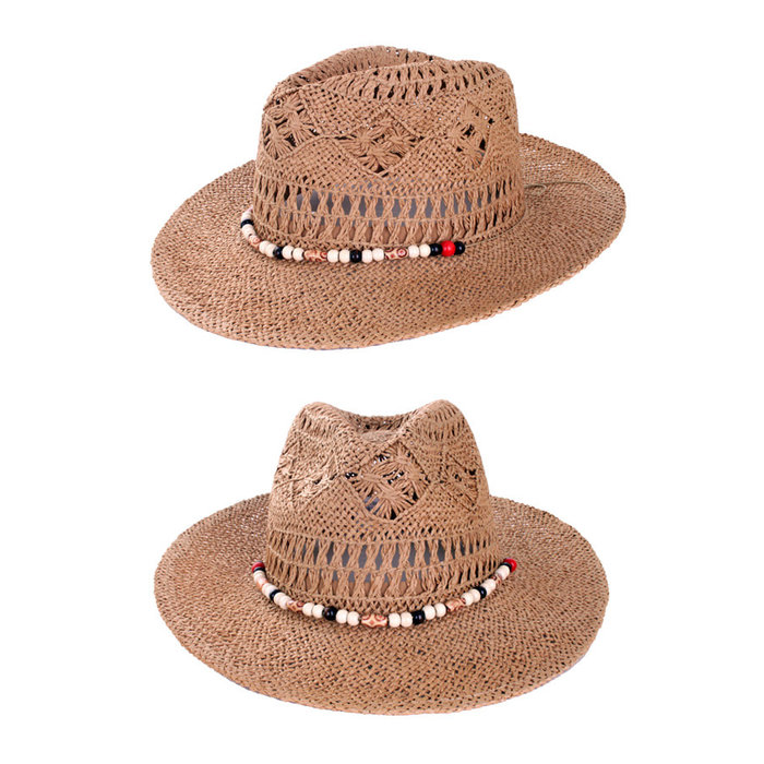 Hoed 'Kojak' opengewerkt beige met gekleurd bandje