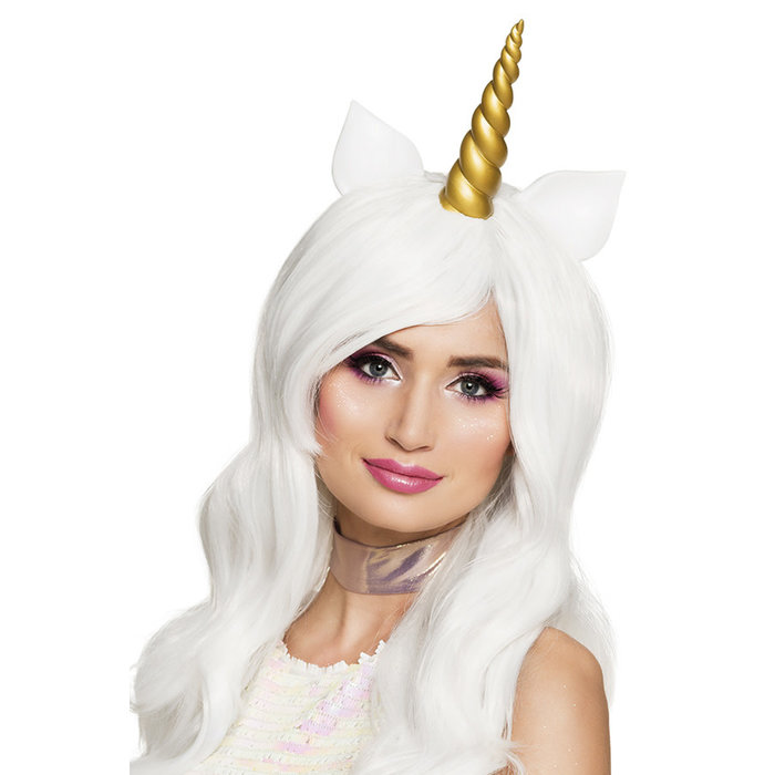 Pruik 'Unicorn' lang wit met hoorn/oortjes DOOS 303