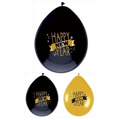 Ballon 'Happy New Year' zwart/goud, 30cm per 6st