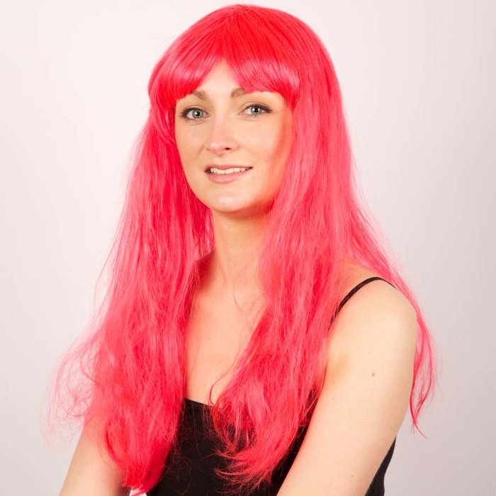 Pruik lang met pony neon rood DOOS 264
