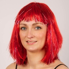 Pruik boblijn rood+rode glitters DOOS 122