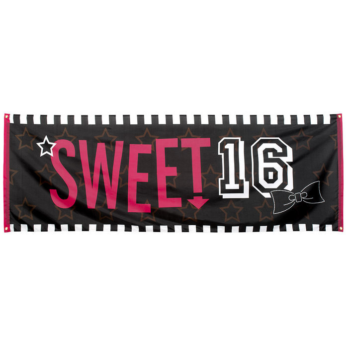 Banner 'Sweet 16' zwart/roze, 74x220cm.