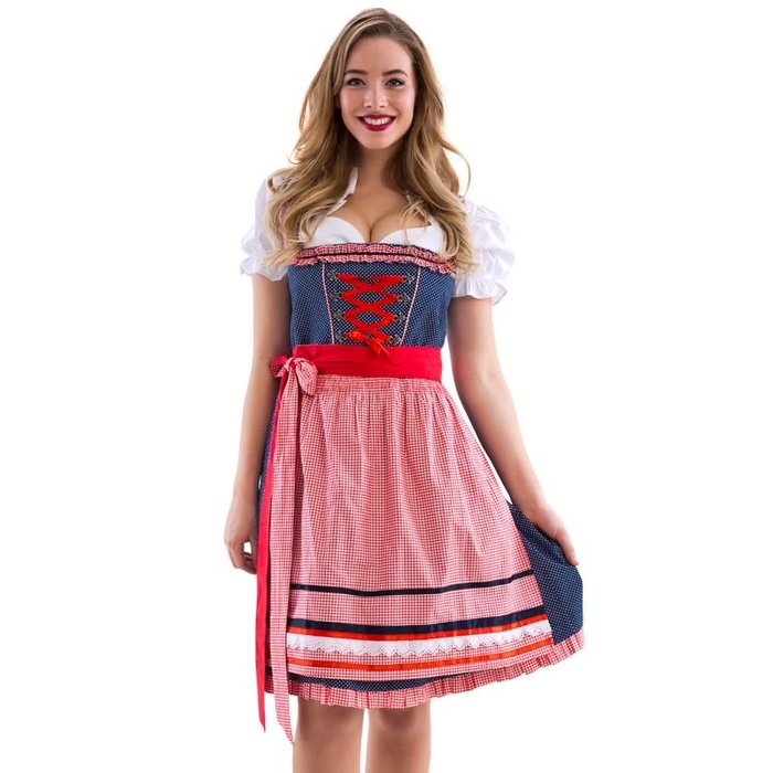 Haus Huberts Dirndl blauw/wit gestipt met schort en bloes