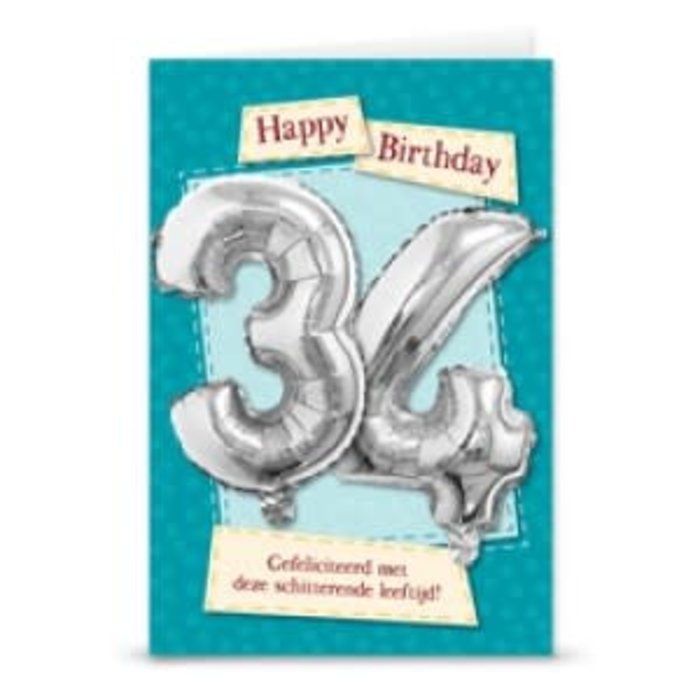 Verjaardagskaart + ballon '34 jaar'