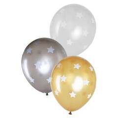 Ballon met sterren metallic goud/zilver/wit, 14inch per 6st