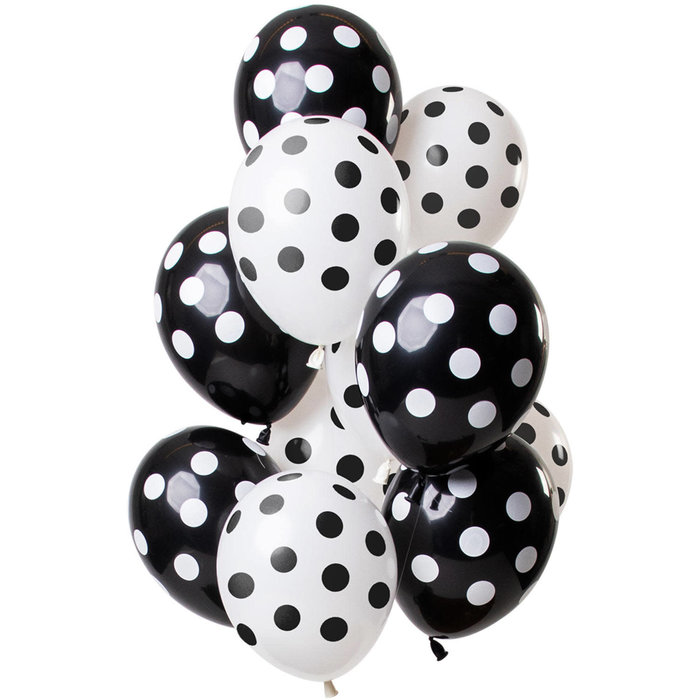 Ballonnen Polka Dots zwart/wit, 12inch/30cm, per 15st
