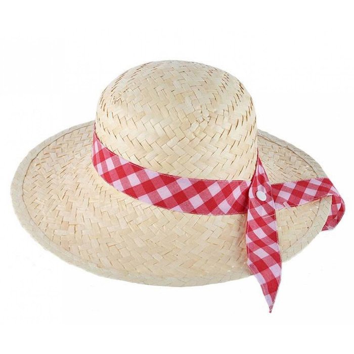 Strohoed dame naturel+rd/wit lint