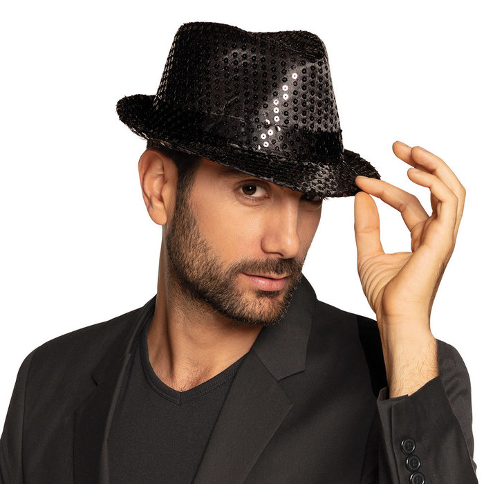 Hoed disco glitter pailletten zwart popstar