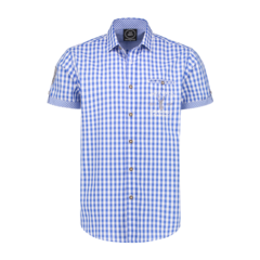 Haus Huberts Oktoberfest Tiroler hemd met korte mouwen blauw/wit geruit