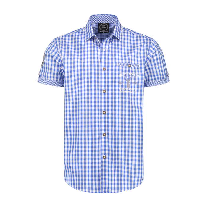 Haus Huberts Oktoberfest Tiroler hemd met korte mouwen blauw/wit geruit