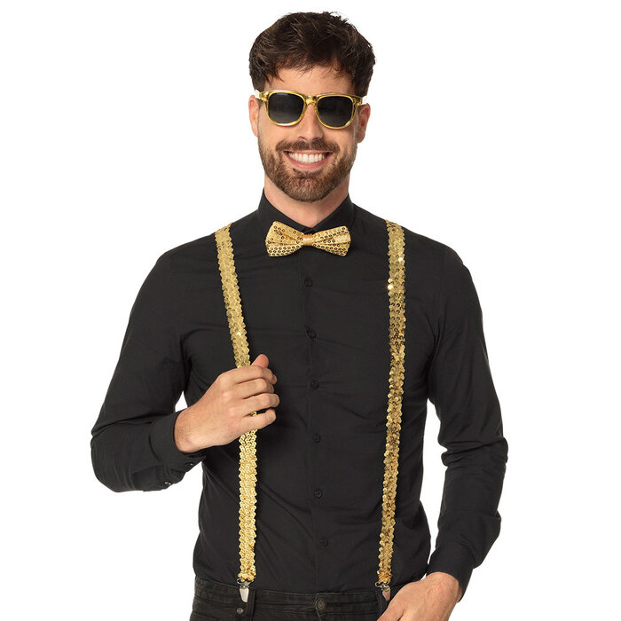 Boland Disco Accessoireset goud (partybril, vlinderstrik en bretels)