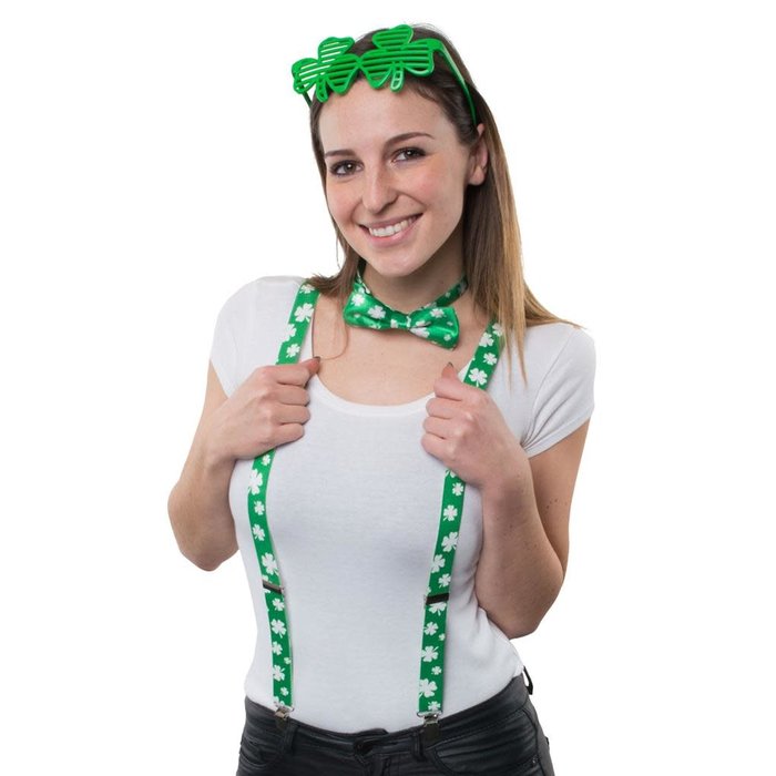 Funny Fashion St. Patrick's day set bril, bretellen & strik
