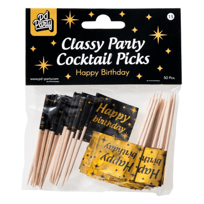 Paperdreams Cocktailprikkers Happy birthday zwart/goud 50st