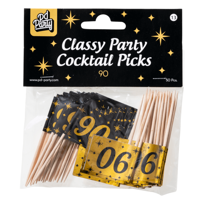 Paperdreams Cocktailprikkers 90 jaar zwart/goud 50st