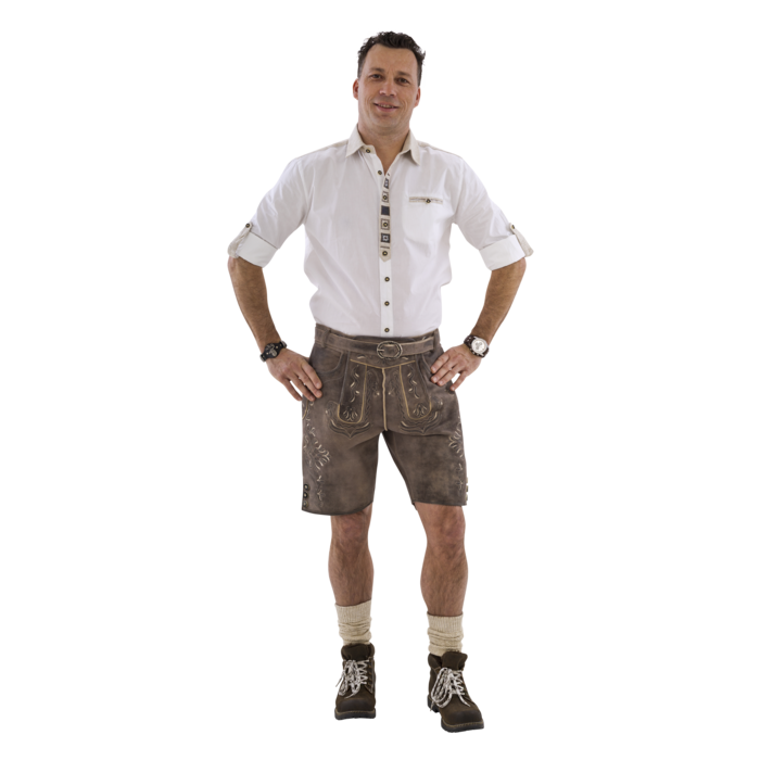 Haus Huberts Luxe korte Lederhose wildbockleder zandbruin antiek grijs