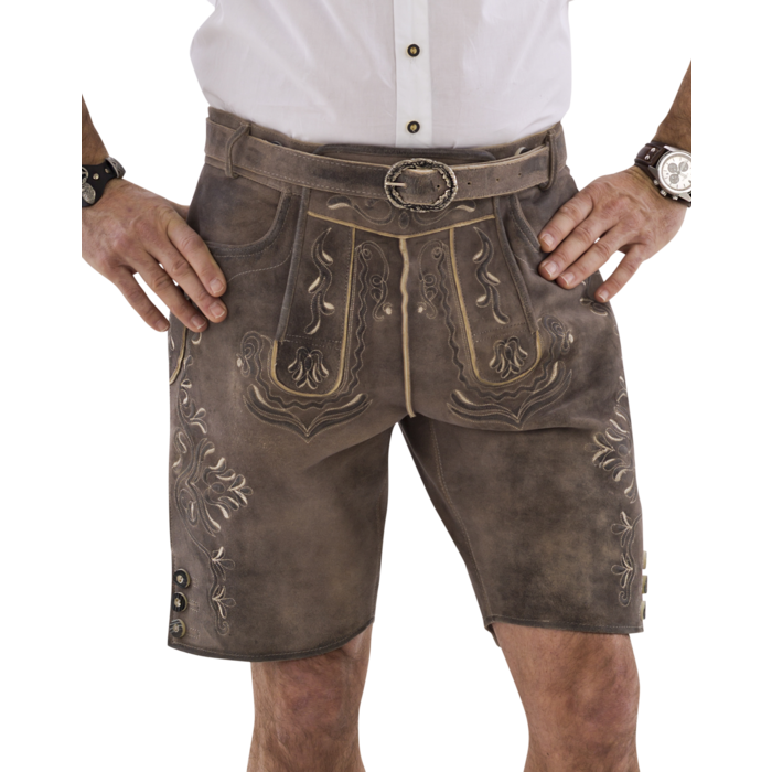 Haus Huberts Luxe korte Lederhose wildbockleder zandbruin antiek grijs