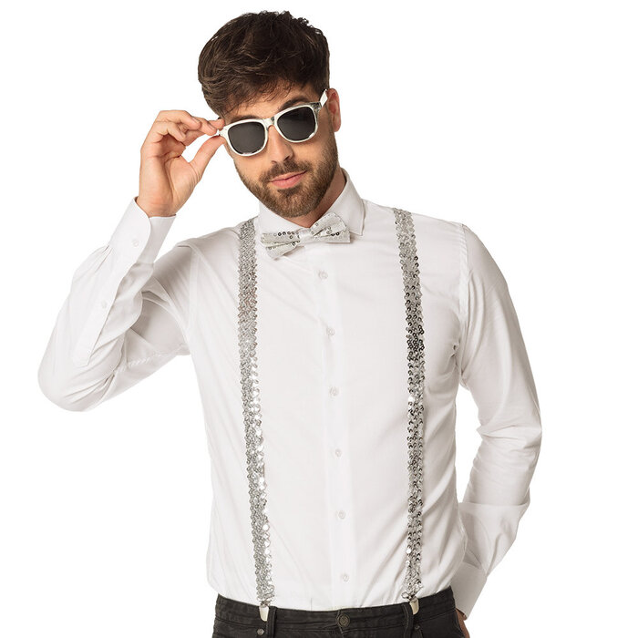 Boland Disco Accessoireset zilver (partybril, vlinderstrik en bretels)