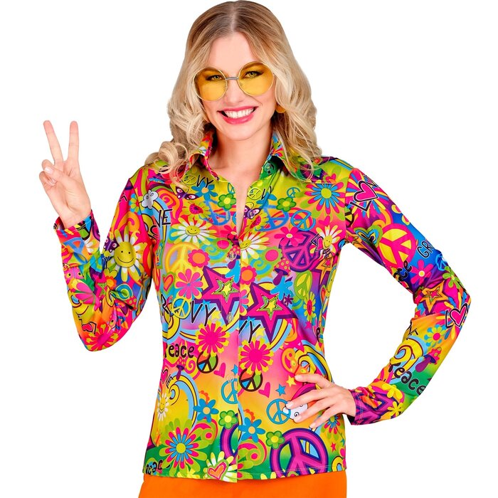 Feestshop.be Hippie hemd dames Peace & love bloemen jaren 60