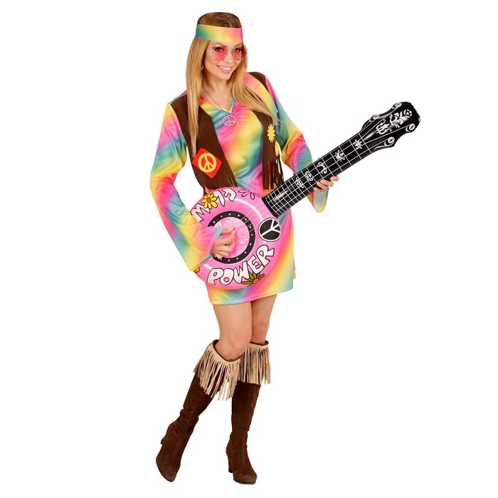 Feestshop.be Opblaasbare banjo flower power hippie roze 100cm