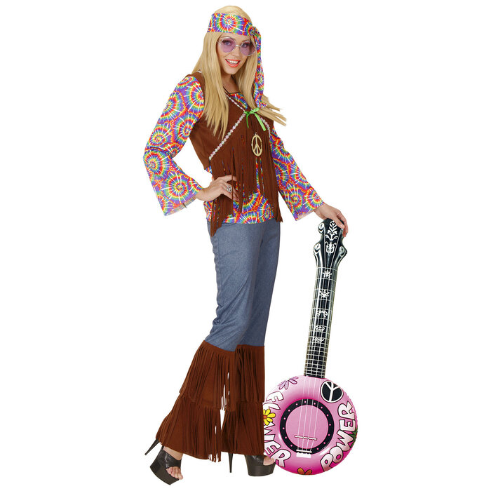 Feestshop.be Opblaasbare banjo flower power hippie roze 100cm