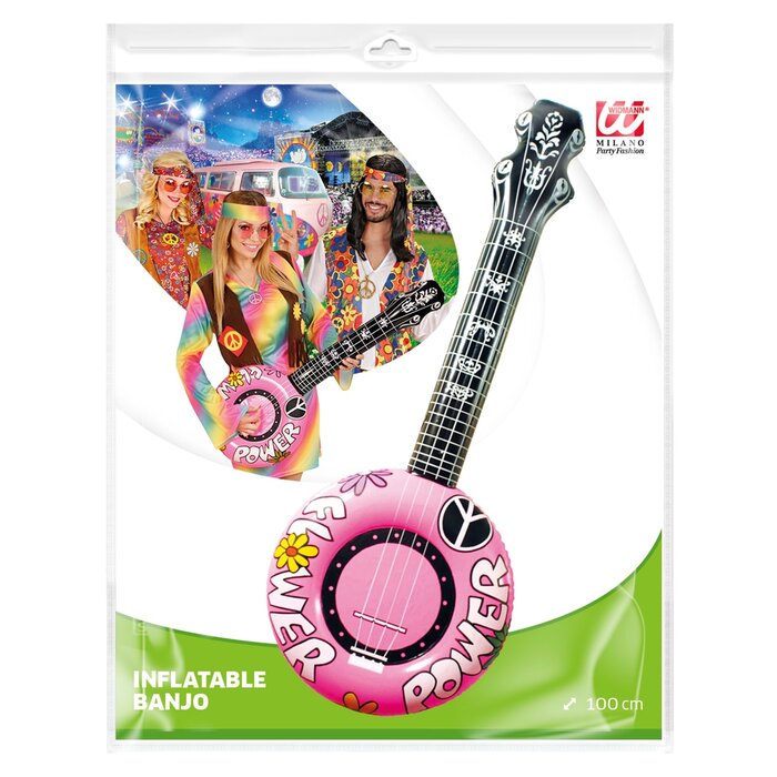 Feestshop.be Opblaasbare banjo flower power hippie roze 100cm