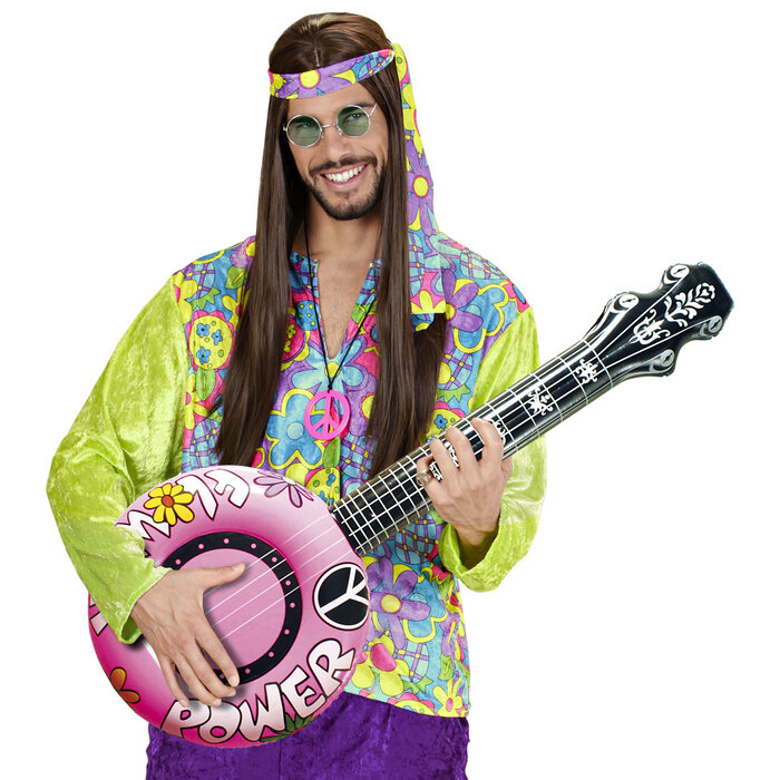 Feestshop.be Opblaasbare banjo flower power hippie roze 100cm