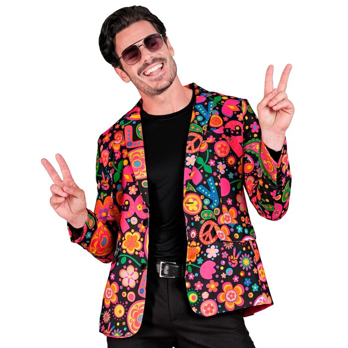 Feestshop.be Blazer flower power hippie zwart met neon print