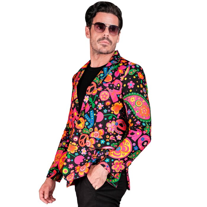 Feestshop.be Blazer flower power hippie zwart met neon print