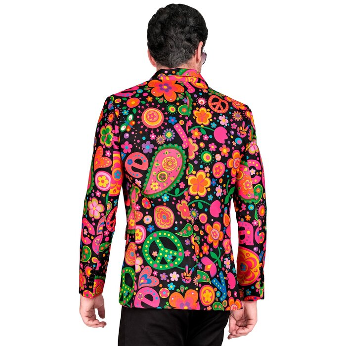 Feestshop.be Blazer flower power hippie zwart met neon print