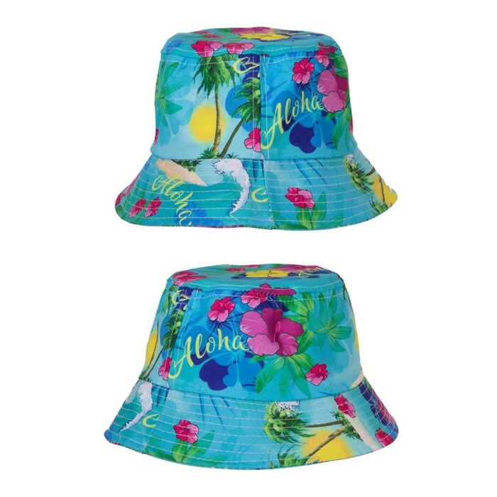 Vissershoedje Hawaii print blauw